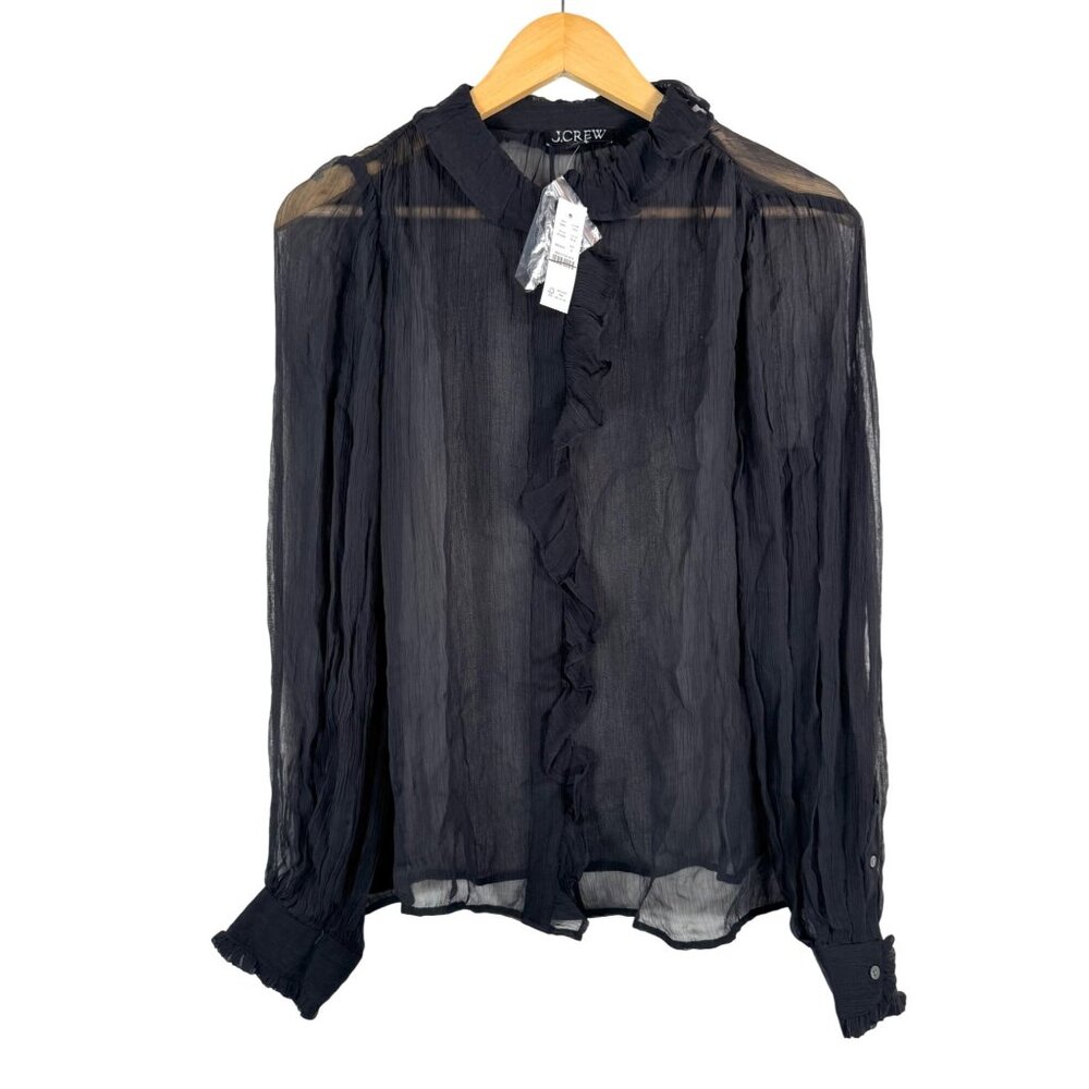 J.Crew Ruffle‎ button-up shirt in crinkle chiffon preppy sheer black sz 8